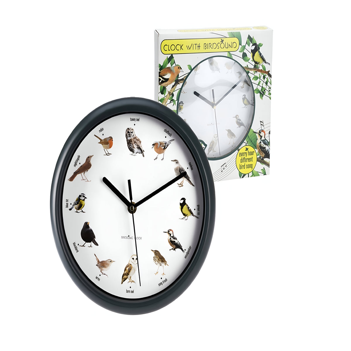 Round Wall Clock with Bird Sound Black 25cm 837165370 | Every Hour Different Bird Song