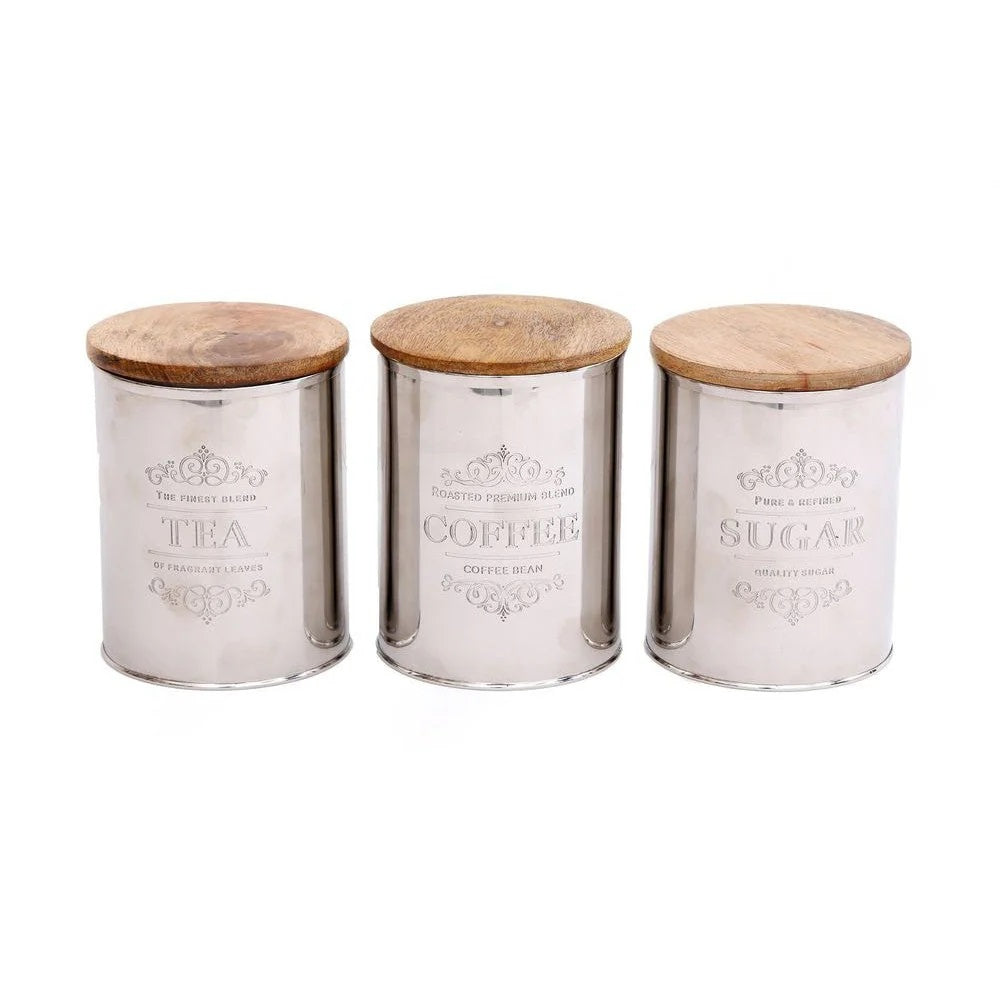 SiL Vintage Stainless Steel Tea Coffee Sugar Canisters with Wooden Lids Silver 12cm x 12cm x 15cm Pack of 3 443g KG0727 | Embossed Storage Jars for Kitchen Organization