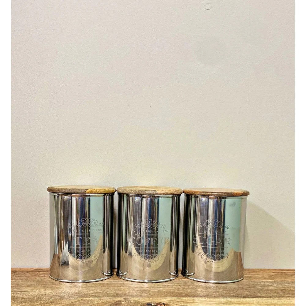SiL Vintage Stainless Steel Tea Coffee Sugar Canisters with Wooden Lids Silver 12cm x 12cm x 15cm Pack of 3 443g KG0727 | Embossed Storage Jars for Kitchen Organization