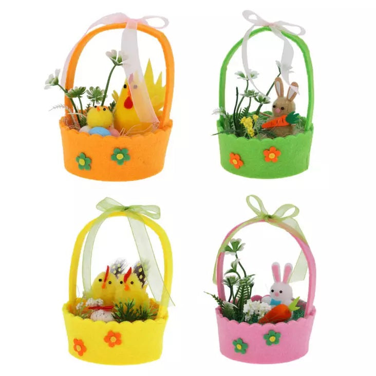 H and S Easter Themed Decoration Felt Basket Assorted Colours 12cm Pack of 1 CK1000040 | Baskets with Bunny-Chick and Floral Accents