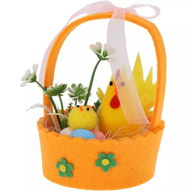 H and S Easter Themed Decoration Felt Basket Assorted Colours 12cm Pack of 1 CK1000040 | Baskets with Bunny-Chick and Floral Accents