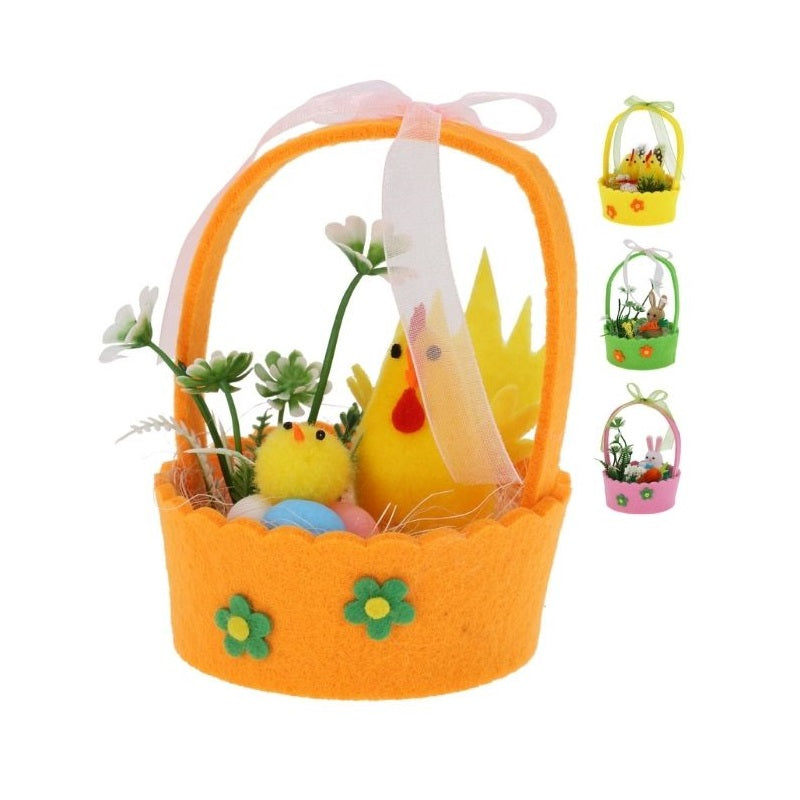 H and S Easter Themed Decoration Felt Basket Assorted Colours 12cm Pack of 1 CK1000040 | Baskets with Bunny-Chick and Floral Accents