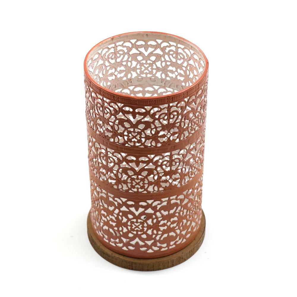 SiL Vintage Summer Tile Cut Out Lantern Terracotta 10cm x 10cm x 20cm 448g OL0333 | Lantern with Wooden Base | Elegant Home Decor Accent