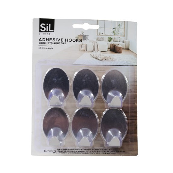 SiL Home Stainless Steel Adhesive Hooks Silver 3.5mm Pack of 6 HH6044 |  Strong Self-Adhesive Wall Hooks for Home and Kitchen