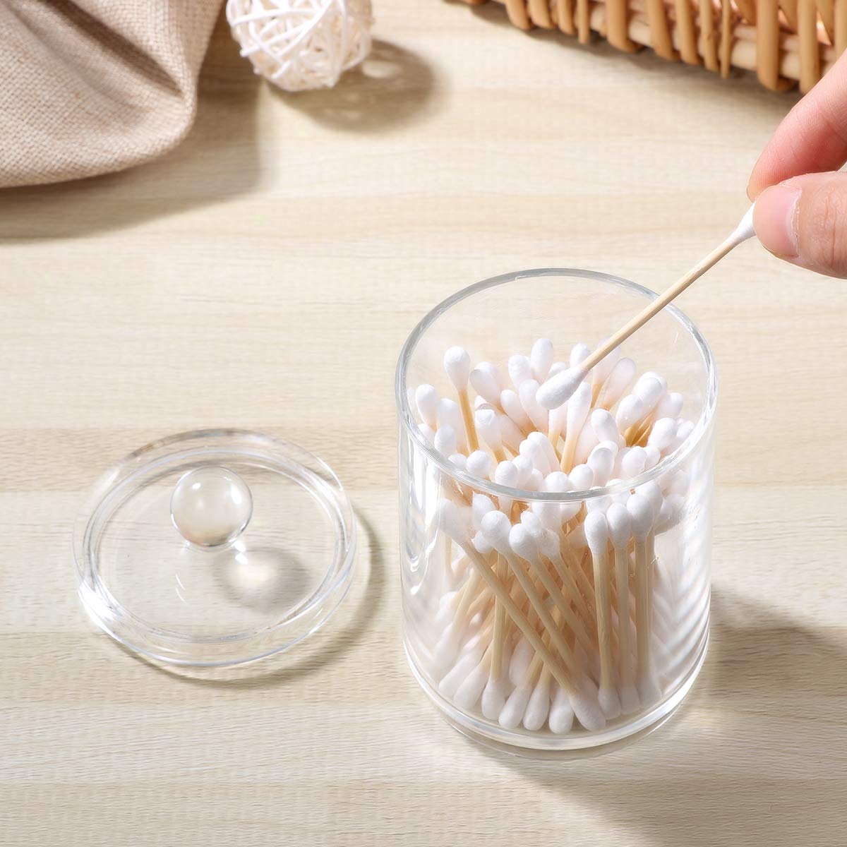 SiL Interiors Cotton Buds Storage Glass Jar with Lid Transparent 60mm x 120mm x 60mm Pack of 50 199g BE0025 | Eco-Friendly Bamboo Cotton Swabs for Personal Care