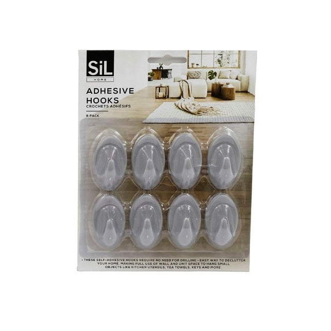 SiL Home Plastic Adhesive Hooks White 13cm x 14cm Pack of 8 HH6025 |  Strong Self-Adhesive Wall Hooks for Home and Kitchen | No Need for Drilling | Easy Way to Declutter Your Home