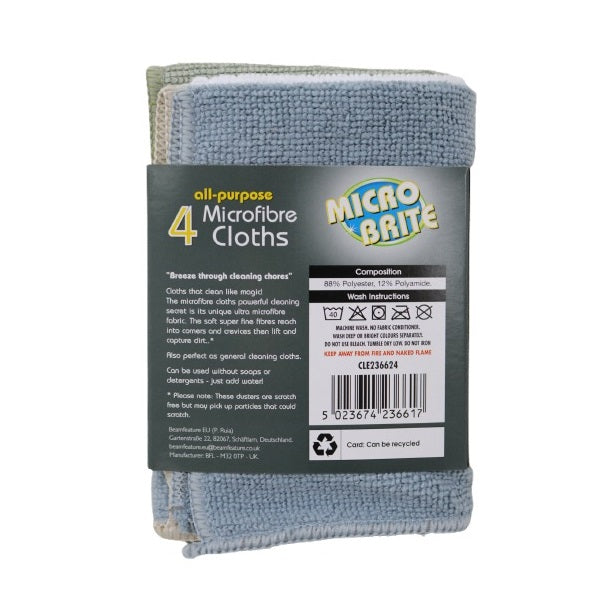 Micro Brite All-Purpose Microfibre Cloths Assorted Colour Pack of 4 CLE236624 | Multi-Purpose | High Density Microfibre | Ideal for Most Surfaces | Easy and Efficient to Use | Breeze Through Cleaning Chores