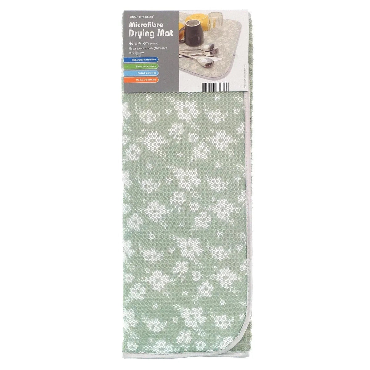 Country Club Microfibre Drying Mat Green and White 46cm x 41cm KAC236600 | Super Absorbent Dish Drying Mat | Protects Countertops and Glassware | Non-Scratch Surface | Machine Washable | High Density Microfibre