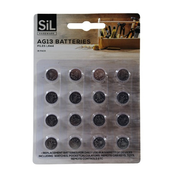 SiL AG13 Piles LR44 Button Cell Batteries Silver 180mm x 180mm x 10mm Pack of 16 42g HH5200 | Long-Lasting Power for Watches-Calculators-Toys and Remote Controls | Replacement Batteries for Daily Use
