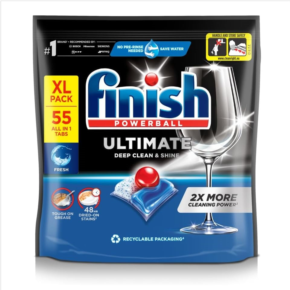 Finish Powerball Ultimate Dishwasher Tablets Multicoloured XL Pack of 55 709.5g 26537 | Deep Clean and Shine |  2X More Cleaning Power | Removes 48Hr Dried-On Stains | No Pre-Rinse Needed