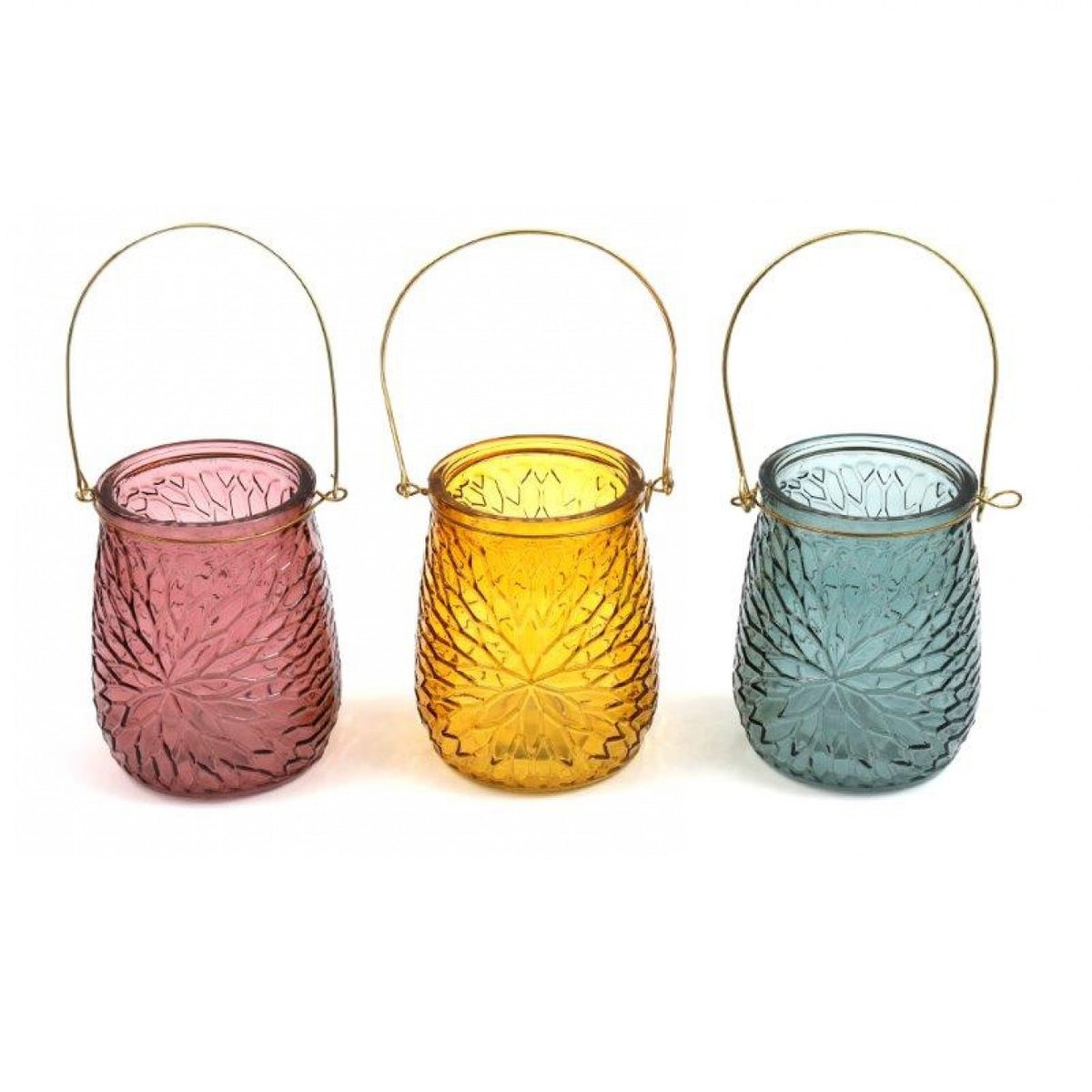 SiL Temerity Jones London Embossed Glass Lantern Assorted Colours 11cm x 11cm x 14cm Pack of 1 TP0026 | Decorative Candle Holder with Gold Handle | For Indoor and Outdoor Use