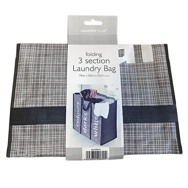 Country Club Folding 3-Section Laundry Bag Grey 70cm x 50cm x 25cm LAU206016 | Space-Saving-Durable and Portable Hamper