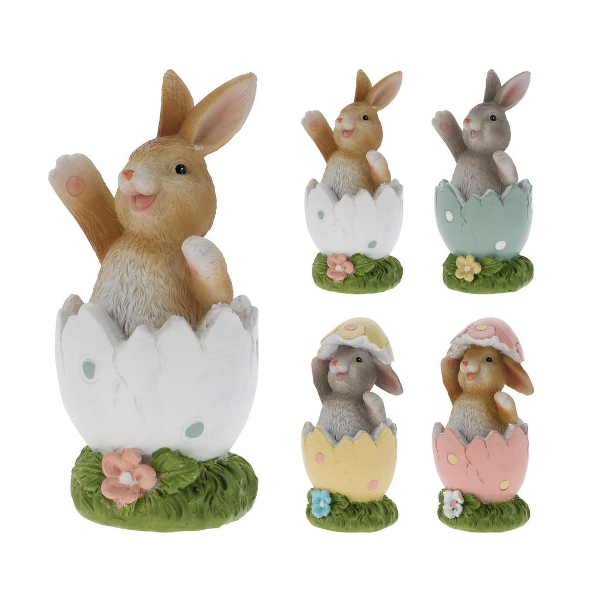 Easter Bunny Figurines Cute Resin Rabbits in Cracked Eggshells Assorted Colours 5cm x 4cm x 9cm Pack of 1 252951520 | Assorted Designs | Spring Home Decor and Easter Gifts