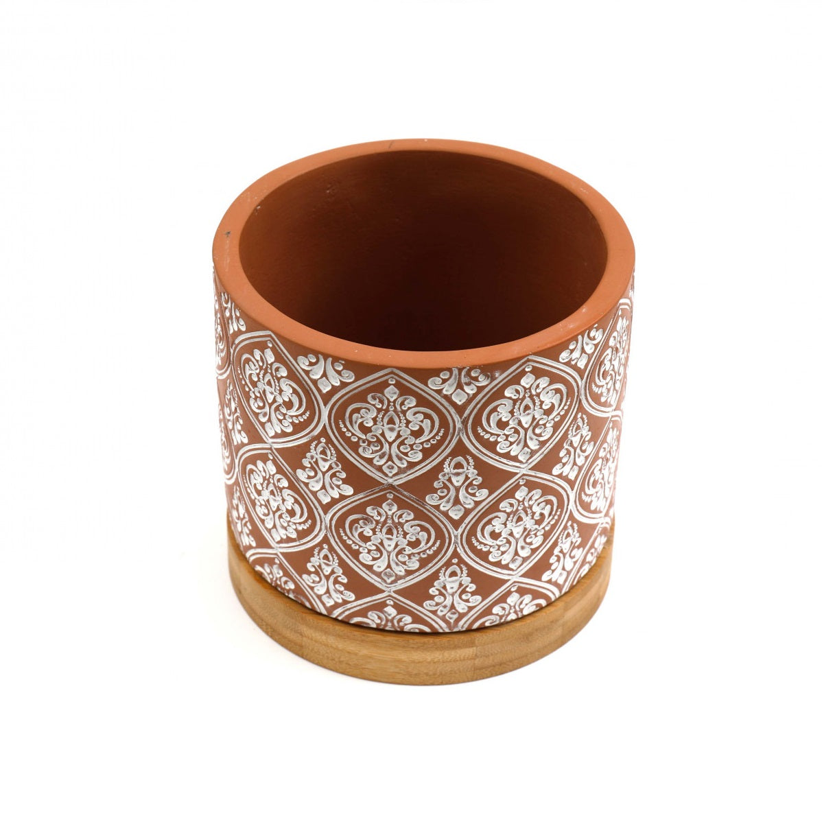 SiL Summer Tile Large Embossed Pattern Planter With Bamboo Base Terracotta 133mm x 130mm x 133mm 930g OL0271 | Decorative Indoor and Outdoor Planter | For Home and Garden