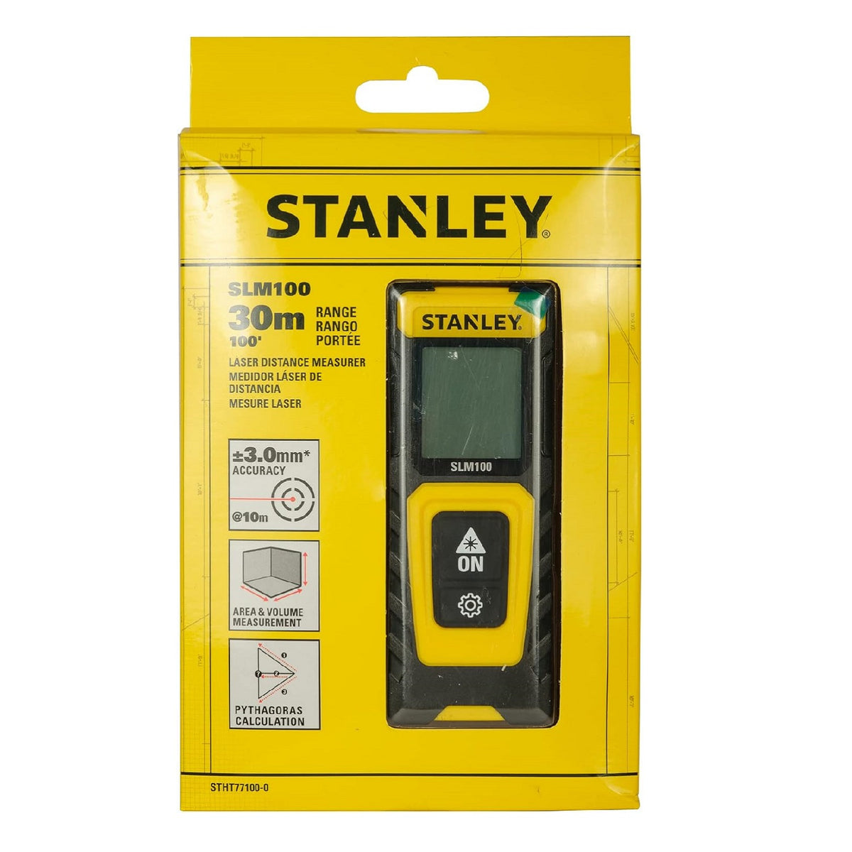 Stanley SLM100 Laser Distance Measure Black and Yellow 30Mtr STHT77100-0 | +-3.0mm Accuracy | Area and Volume Measurement | Pythagoras Calculation
