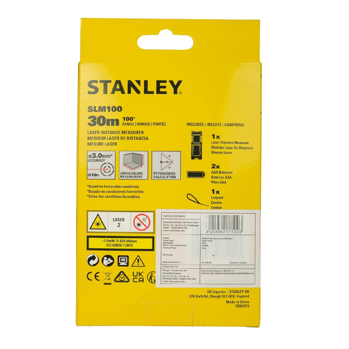 Stanley SLM100 Laser Distance Measure Black and Yellow 30Mtr STHT77100-0 | +-3.0mm Accuracy | Area and Volume Measurement | Pythagoras Calculation