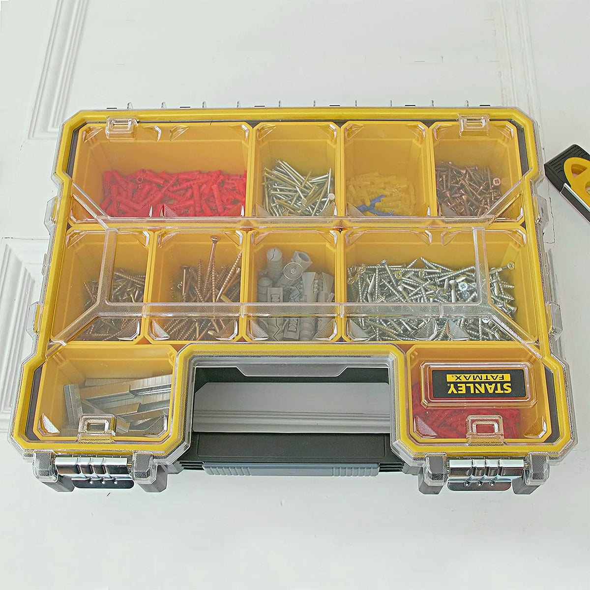 Stanely Fatmax Metal Latch Deep Pro Organizer Multicolour 44.6cm x 35.6cm x 11.6cm 1-97-518 | IP54 Water Resistant | 10x Removable Cups | Stacking Latches | Connect and Carry | Compatible with Shallow Pro Organizer