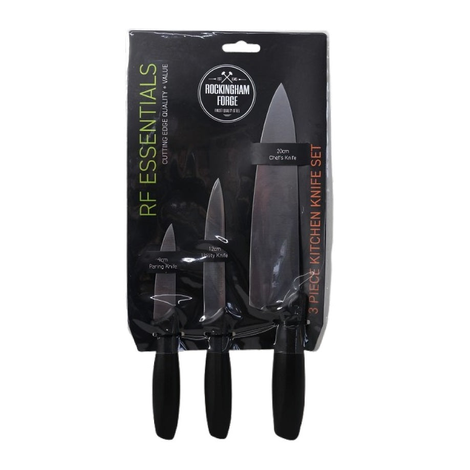 RF Essentials Kitchen Knife Set Black Pack of 3 3BX8007BK | 9cm Paring Knife | 12cm Utility Knife | 20cm Chefs Knife