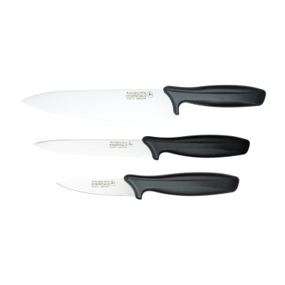 RF Essentials Kitchen Knife Set Black Pack of 3 3BX8007BK | 9cm Paring Knife | 12cm Utility Knife | 20cm Chefs Knife