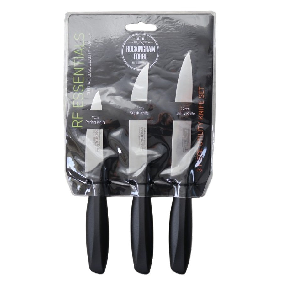RF Essentials Utility Knife Set Black Pack of 3 3UT8007BK | 9cm Paring Knife | 11cm Steak Knife | 12cm Utility Knife