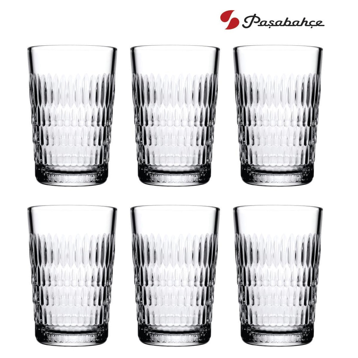 Pasabahce Diamond Cut Drinking Glasses Clear 350ml Pack of 6 520345 | Elegant Textured Design | Glass for Water-Juice and Cocktails | Long Tumbler Glassware