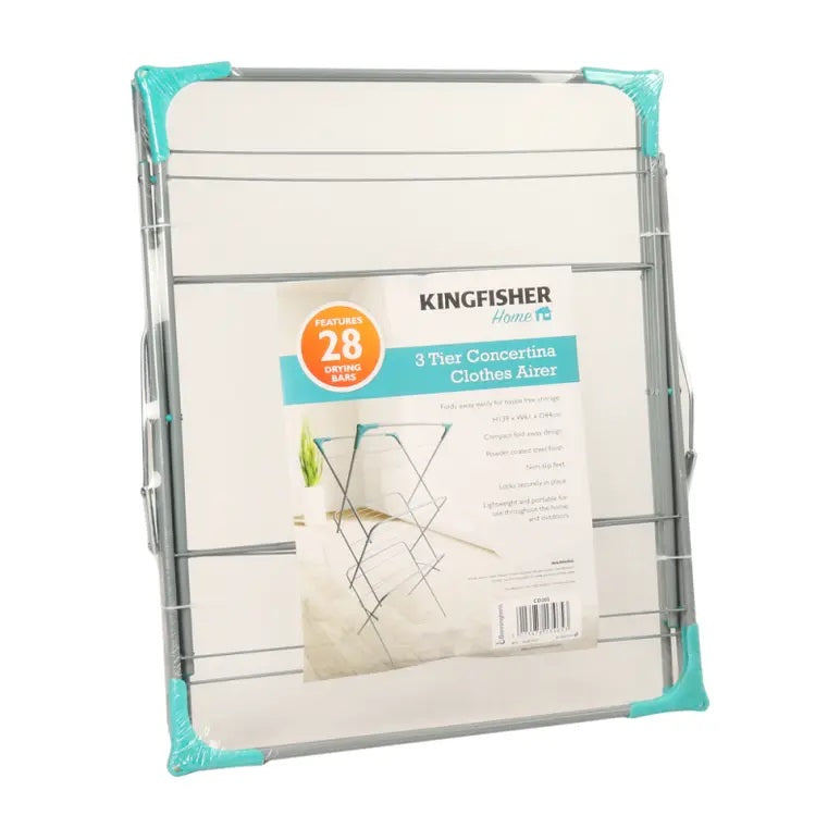 Kingfisher Home 3 Tier Concertina Clothes Airer Grey 139cm x 61cm x 44cm CD202 | Compact Fold Away Design | Powder Coated Steel Finish | Non Slip Feet | Locks Securely in Place | Lightweight and Portable