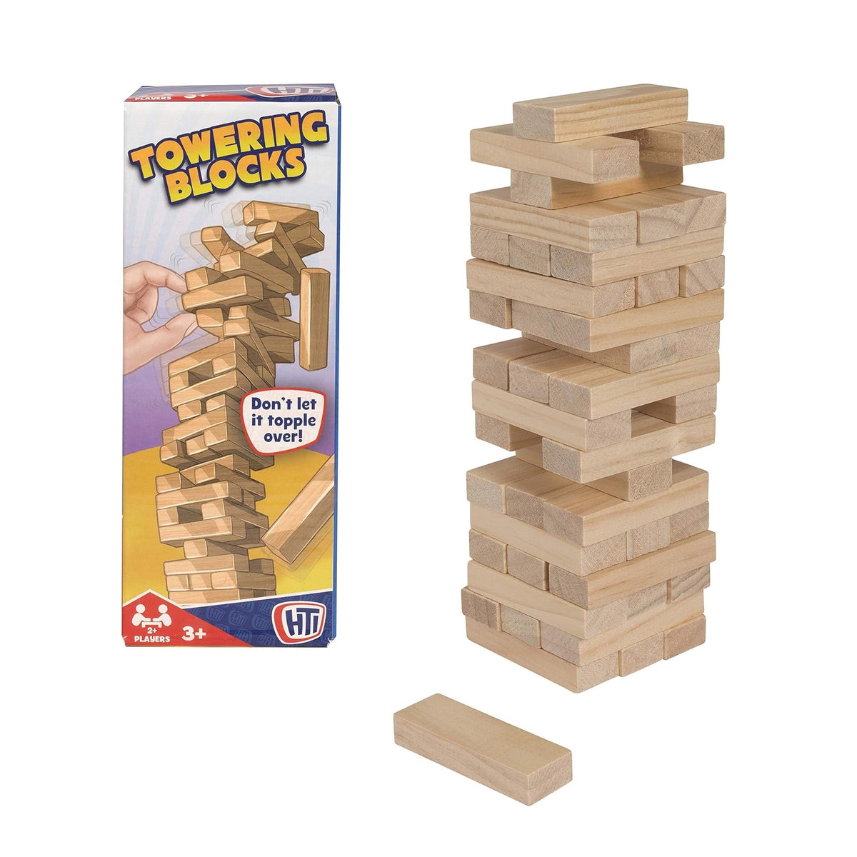 HTI Towering Blocks Game Brown 1373246 | Stacking Wooden Block Game for Kids and Family | Game Contains 45 Wooden Bricks | Fun Tumbling Tower Toy | Travel Game | Suitable For Ages 3 Plus