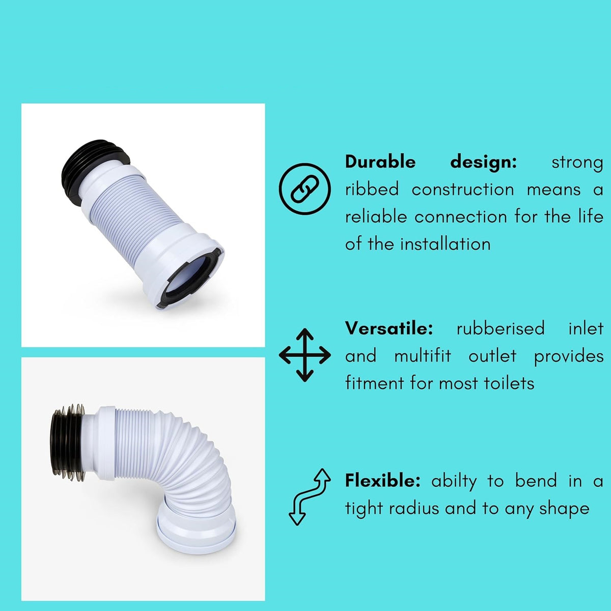 Securplumb Flexible WC Pan Connector White and Black 240mm-500mm SU8866 | Toilet Waste Pipe Fitting | Adjustable Plumbing Connector
