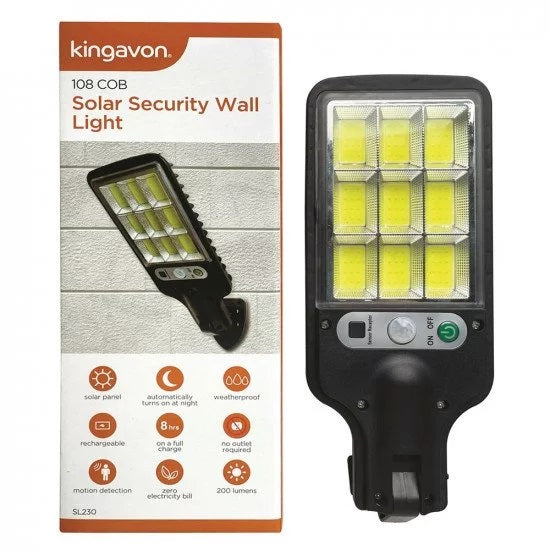 Kingavon 108 COB olar Security Wall Light Black SL230 | Solar Panel | Weatherproof | Rechargeable | 8 Hours on a Full Charge | Motion Detection | 200 Lumens