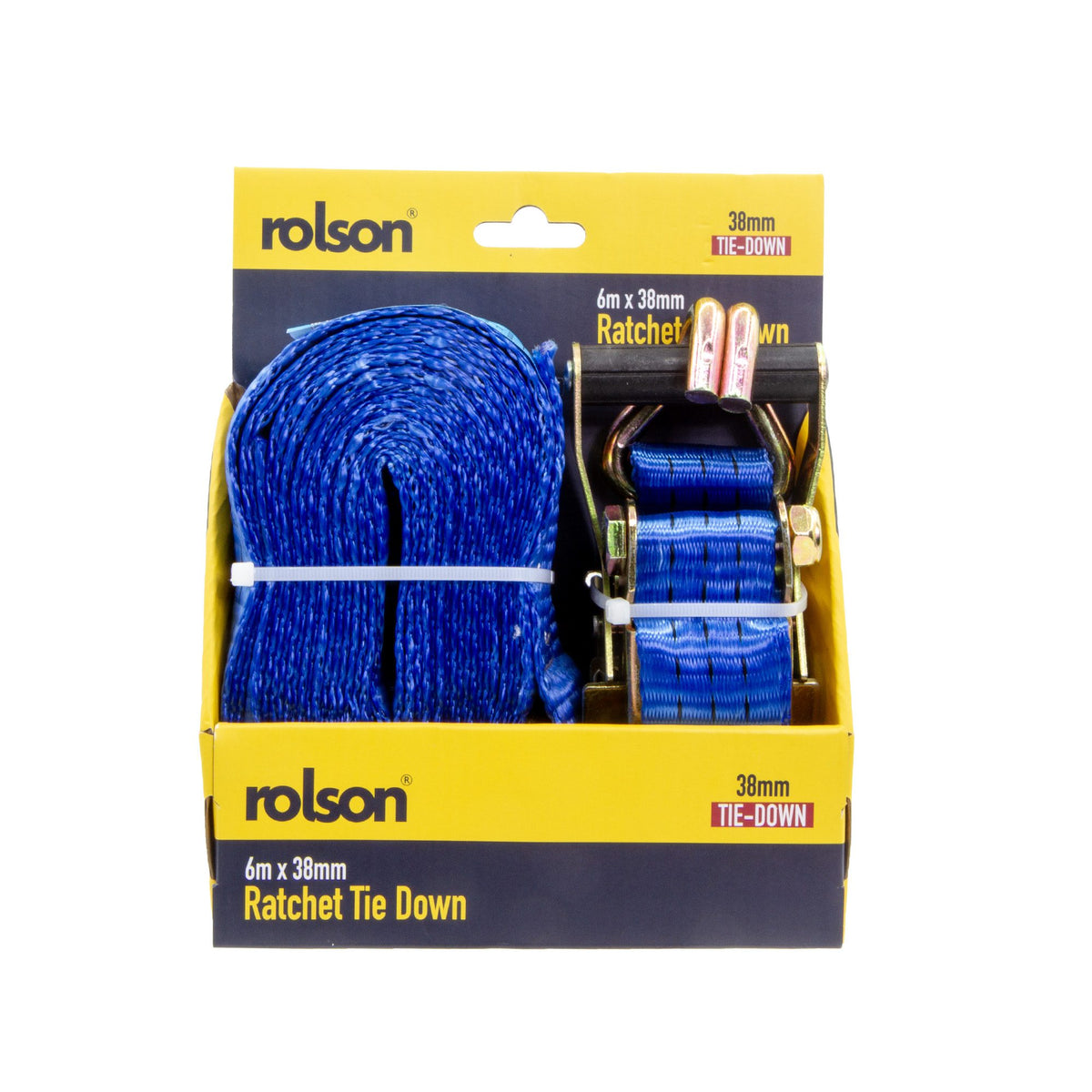 Rolson Ratchet Tie Down Blue 6Mtr x 38mm 44232 | Claw Hook and Buckle | 1500Kg Safe Working Load | 3000Kg Breaking Capacity