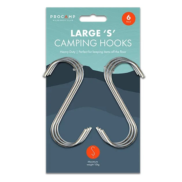 ProCamp Large Heavy Duty S Camping Steel Hooks Silver Pack of 6 CAM7995 | For Hanging Gear | Max Load 10Kg | Ideal for Outdoor Camping-Hiking and Storage Organization | Perfect for Keeping Items off the Floor