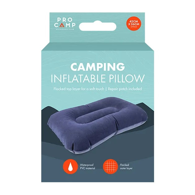 ProCamp Camping Inflatable Pillow Purple 42cm x 26cm CAM7993 | Waterproof PVC Material | Travel Pillow with Soft Flocked Surface | Includes Repair Patch