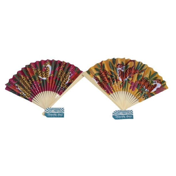 SiL Temerity Jones Jungle Animal Print Folding Paper Hand Fan Assorted Colours 38cm 25cm x 3cm OL1203 | Leopard and Tiger Design | Stylish Cooling Accessory for Summer-Travel and Decor
