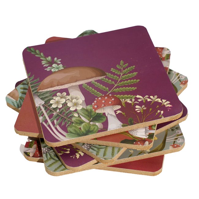 SiL Temerity Jones Mushroom Forest Coaster Set Multicoloured 10cm x 10cm Pack of 6 KG3504 | Decorative Drinks Coasters | Heat Resistant with Cork Backing