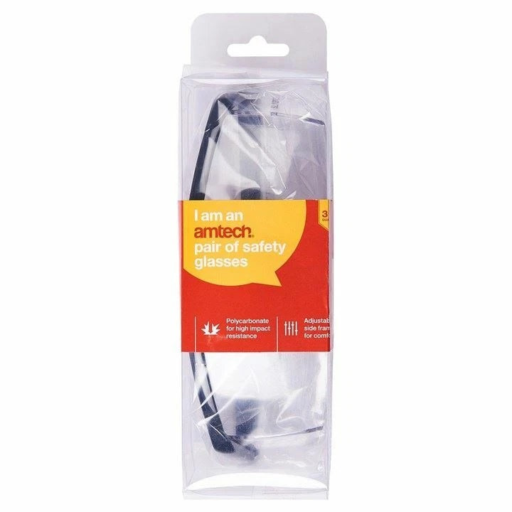 Amtech Safety Glasses Clear A3563 | Polycarbonate for High Impact Resistance | Adjustable Side Frame For Comfort