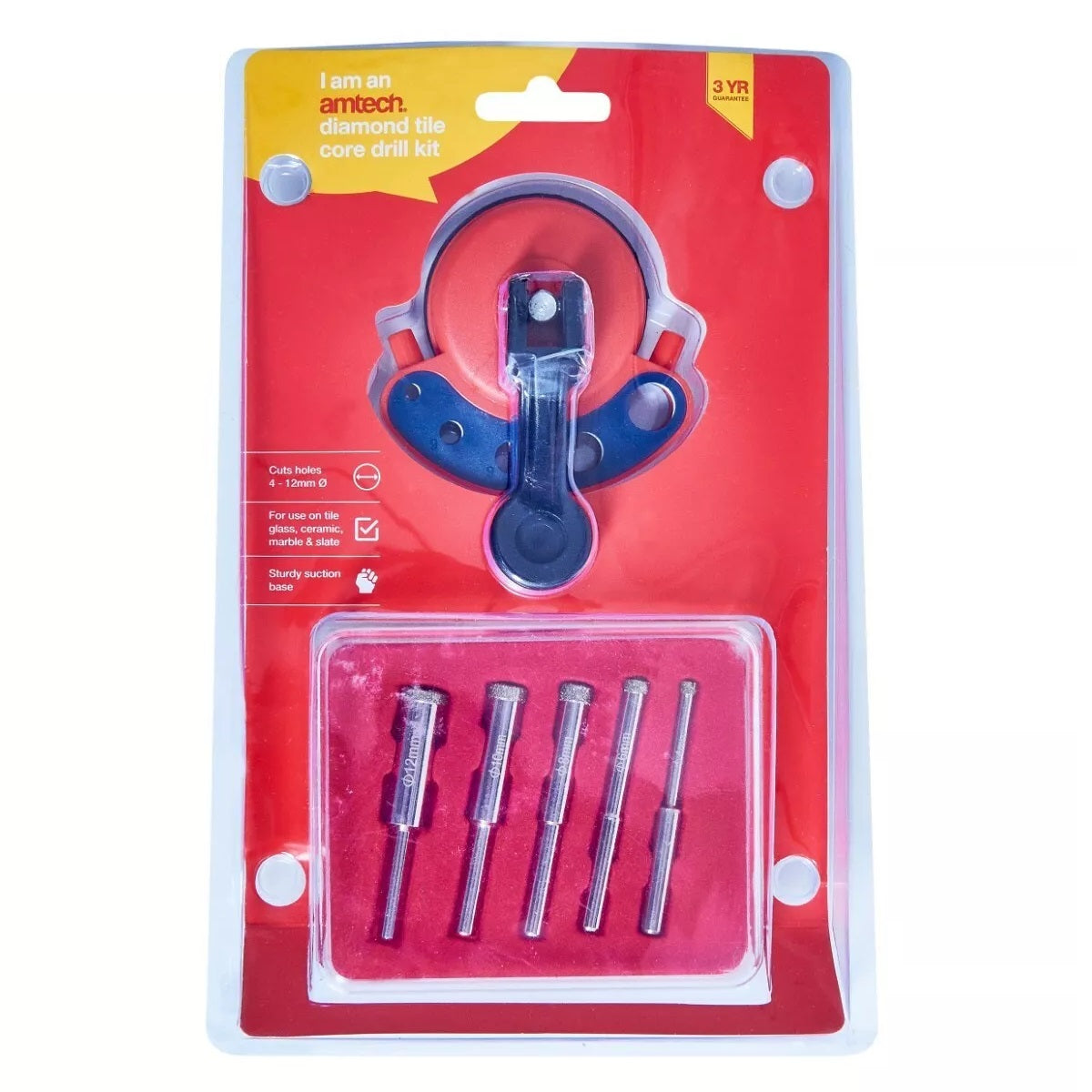 Amtech Diamond Tile Core Drill Kit Set Assorted S4405 | Cuts Holes 4-12mm | For use on Tile Glass Ceramic Marble and Slate | Sturdy Suction Base