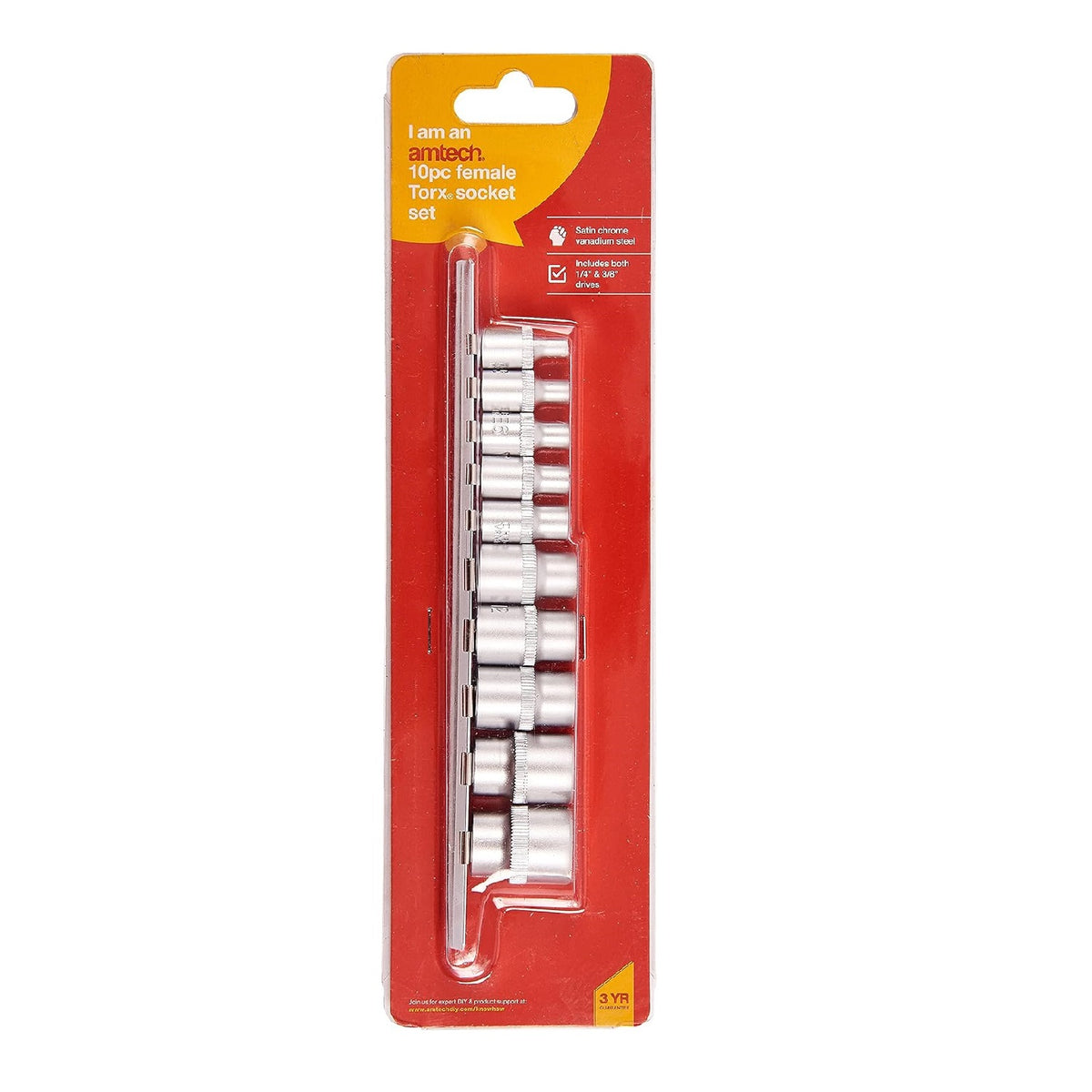 Amtech Female Torx Socket Set Satin Chrome Vanadium Steel Pack of 10 I8250 | Includes Both 1-4-Inch and 3-8-Inch Drives