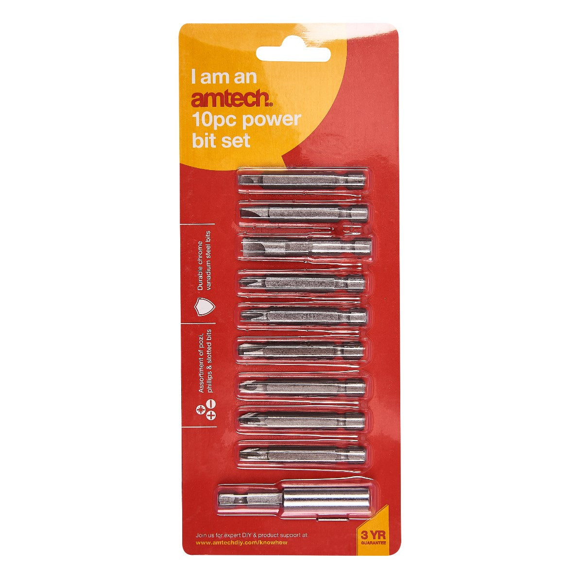 Amtech Power Bit Set Metallic Silver Pack of 10 L2500 | Assortment of Pozi - Phillips and Slotted Bits | Durable Chrome Vanadium Steel Bits