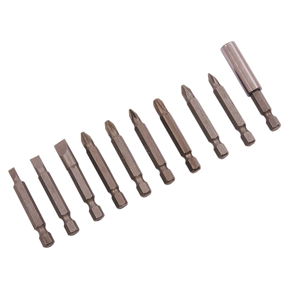 Amtech Power Bit Set Metallic Silver Pack of 10 L2500 | Assortment of Pozi - Phillips and Slotted Bits | Durable Chrome Vanadium Steel Bits