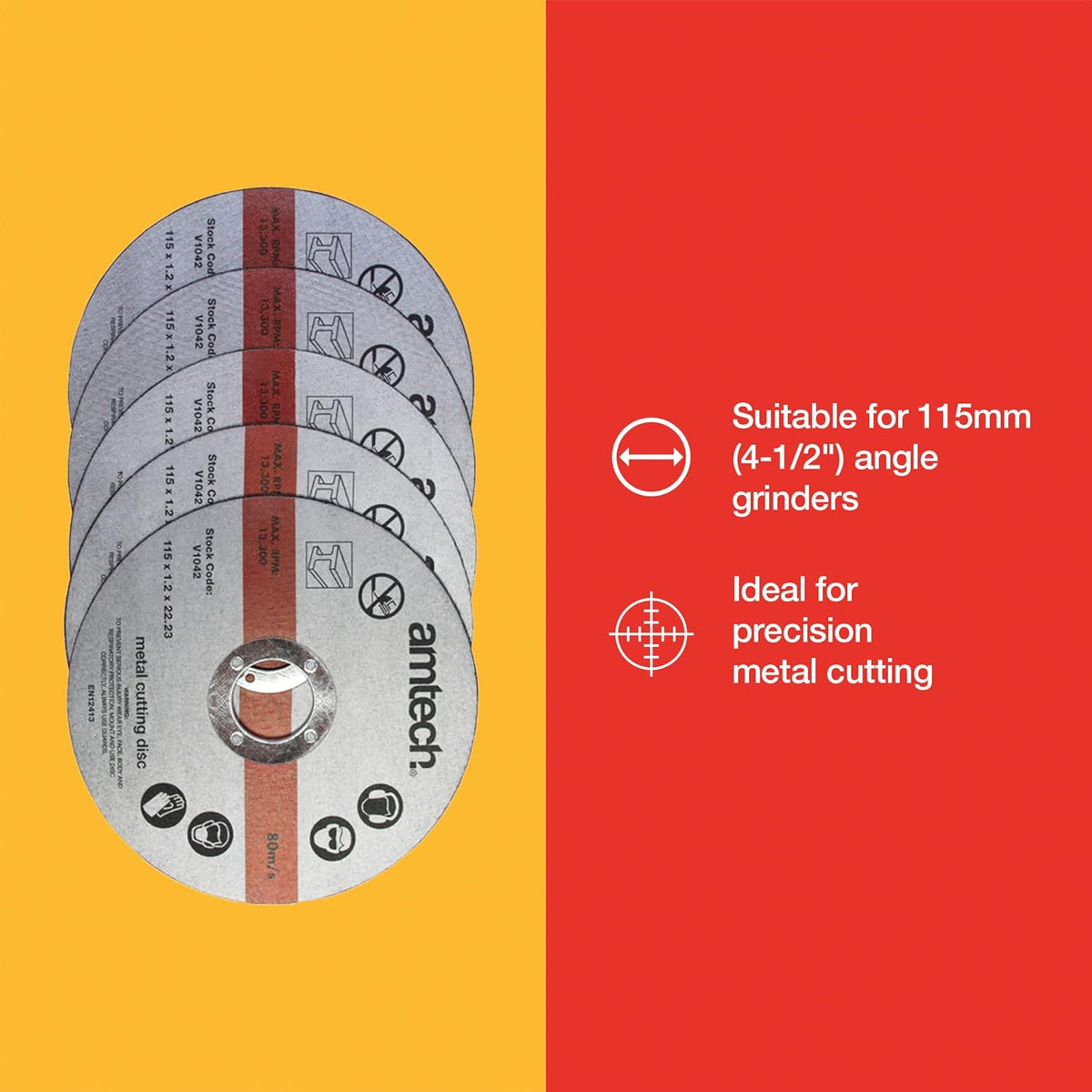 Amtech Metal Cutting Discs Silver 115mm x 1.2mm Pack of 5 V1042 | Suitable for 115mm Angle Grinders | Ideal for Precision Metal Cutting