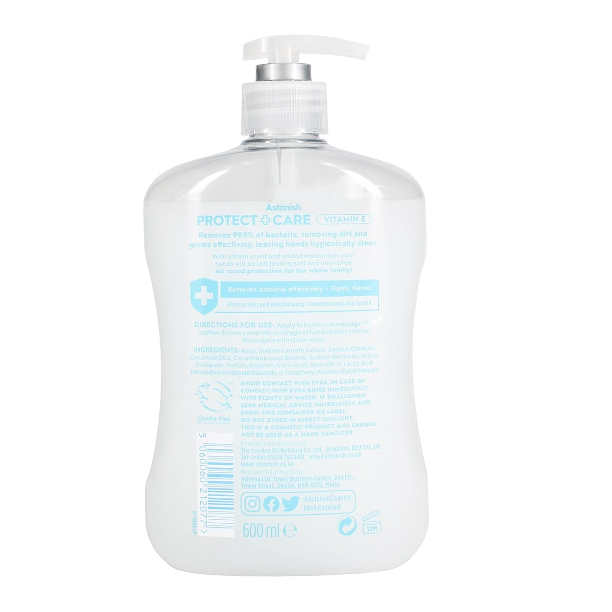 Astonish Protect + Care Anti-Bacterial Handwash with Vitamin E White 650ml 4730BL | Soothing Moisturiser | Removes Bacteria | pH Balanced