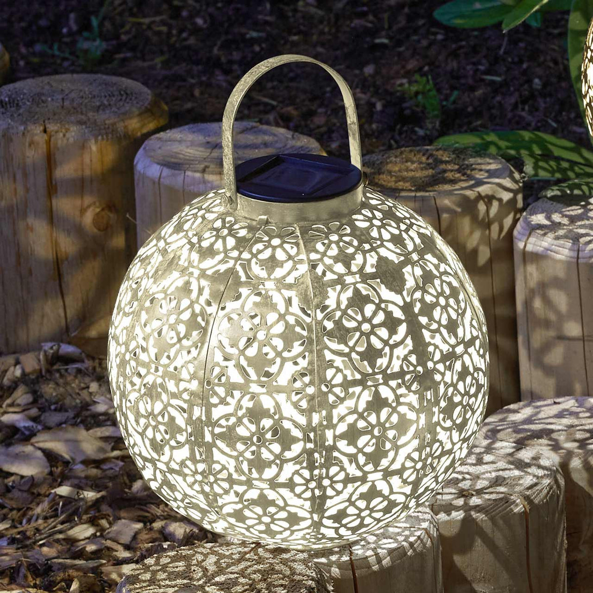 Smart Solar LED Solar Powered Damasquette Lantern Cream 1080032 | Decorative Silhouette Effect | Automatically Illuminates at Dusk | Can be Used as a Tabletop or Hanging Lantern