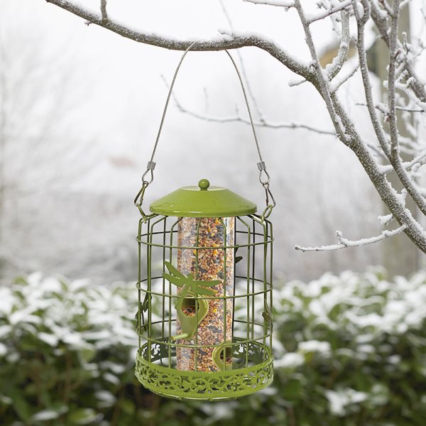 Chapelwood Decor Squirrel-Proof Seed Bird Feeder Green 26cm 7512022 | Elegant Decorative Embellishments Makes This Feeder Look Stylish in Any Garden | Durable Feeder Helps Keep Squirrels and Large Birds at Bay | Easy to Fill | Holds 255g Approx | Tough Outer Cage Keeps Squirrels and Predators Out