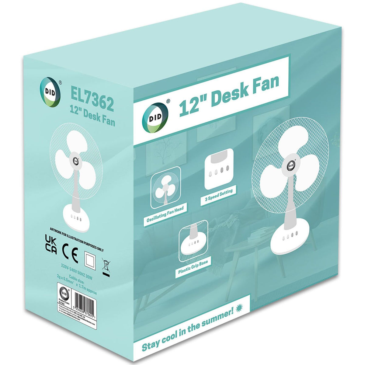 DID Oscillating Head 3 Speed Desk Fan White 12-Inch EL7362 | Plastic Grip Base | Quiet Cooling Table Fan for Home or Office Use | 1.7Mtr Cable | 220V-240V 50HZ 30W