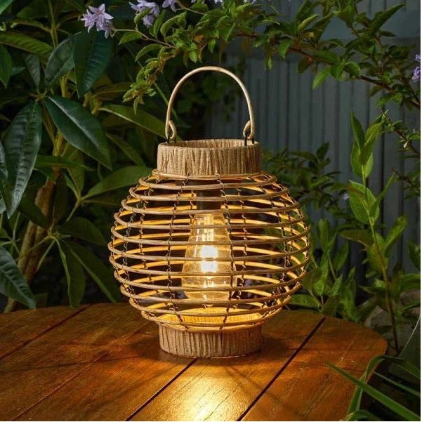 Smart Solar LED Solar Powered Faux Rattan Terra Lantern Beige 1080170 | Automatically Illuminates at Dusk | Can be Used as a Tabletop or Hanging Lantern