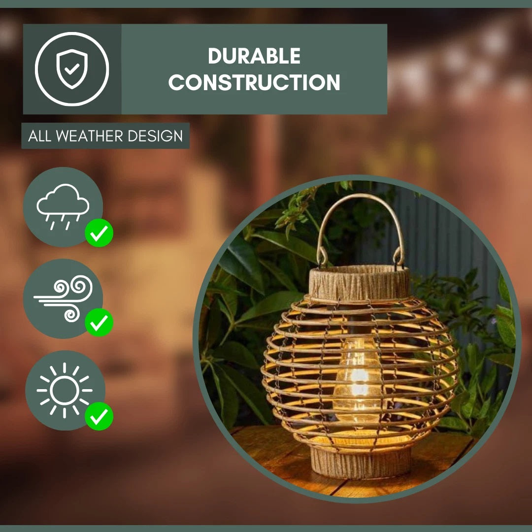 Smart Solar LED Solar Powered Faux Rattan Terra Lantern Beige 1080170 | Automatically Illuminates at Dusk | Can be Used as a Tabletop or Hanging Lantern