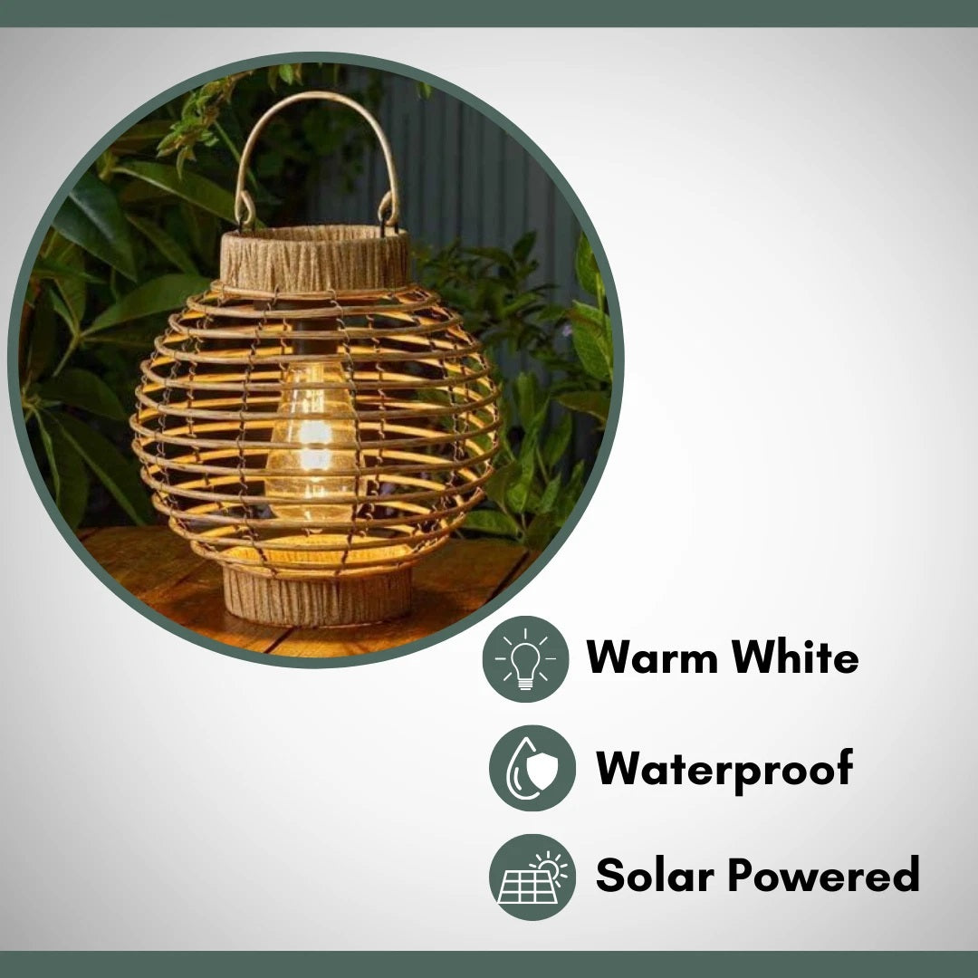 Smart Solar LED Solar Powered Faux Rattan Terra Lantern Beige 1080170 | Automatically Illuminates at Dusk | Can be Used as a Tabletop or Hanging Lantern