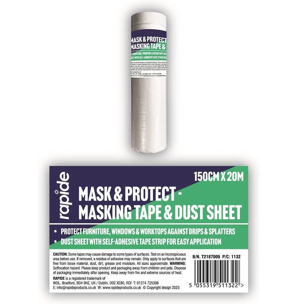 Rapide Mask and Protect Masking Tape and Dust Sheet White 150cm x 20Mtr 1132 | Protect Furniture Windows and Worktops Against Drips and Splatters | Dust Sheet with Self Adhesive Tape Strip for Easy Application