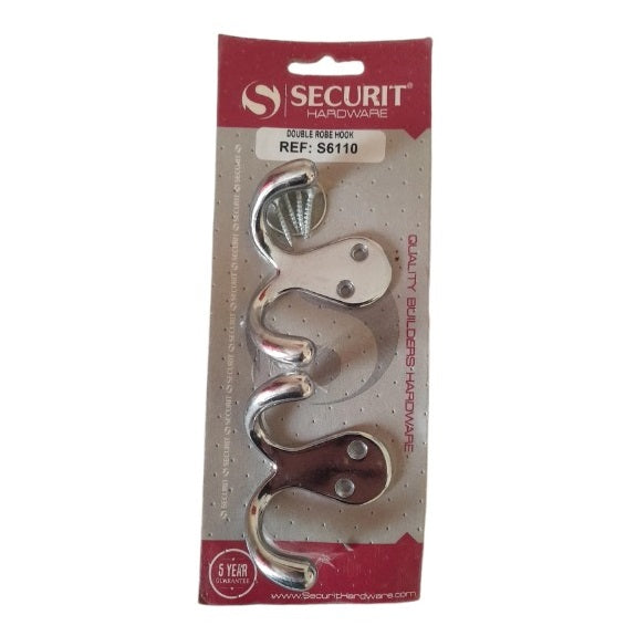Securit Hardware Chrome Plated Wall Mounted Double Robe Hooks Silver 70mm Pack of 2 S6110 | Includes Screws | Holds Coats-Towels and More