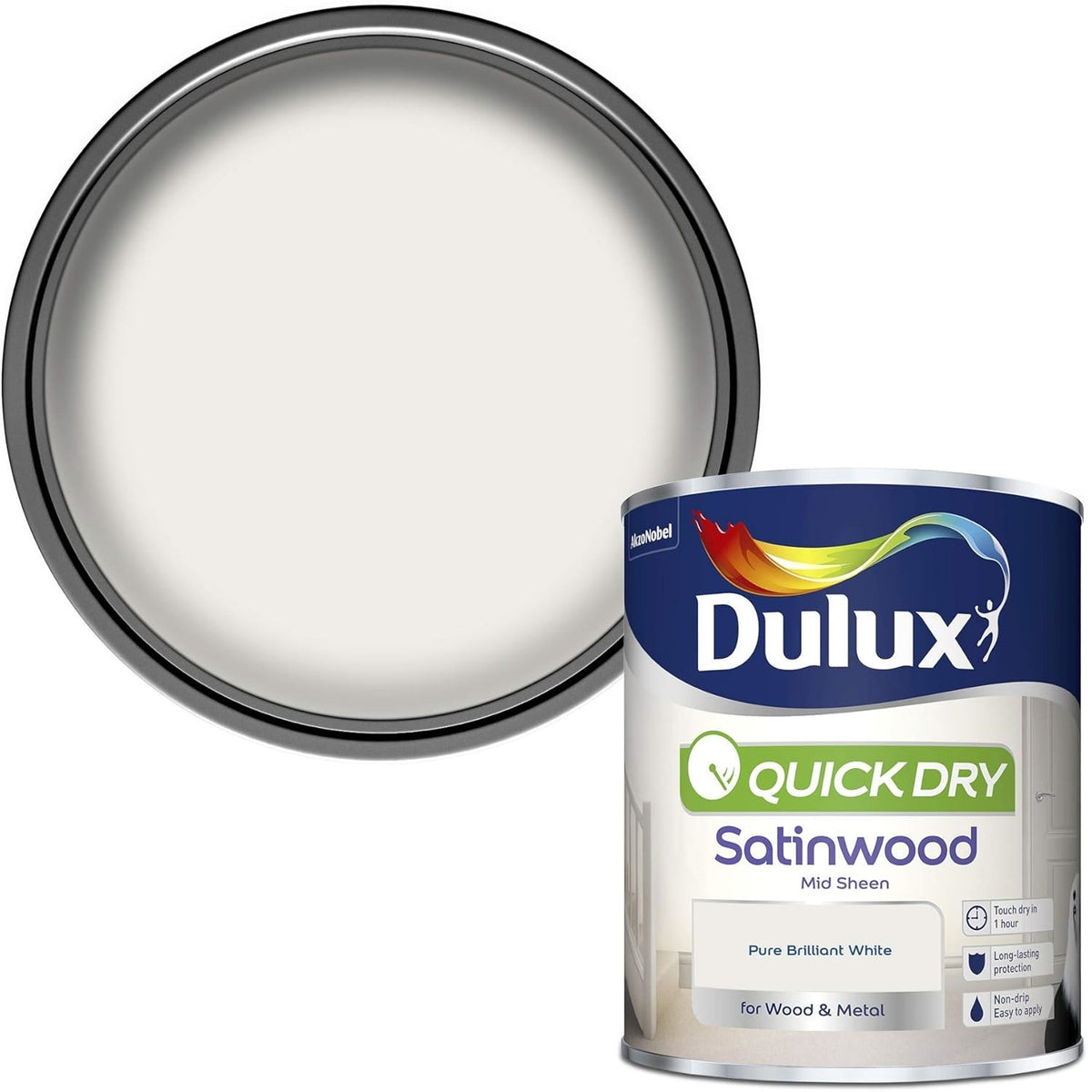 Dulux Quick Dry Satinwood Mid Sheen Finish Paint Pure Brilliant White 750ml | For Wood and Metal | Non-Drip | Long-lasting Protection | Touch Dry in 1Hr
